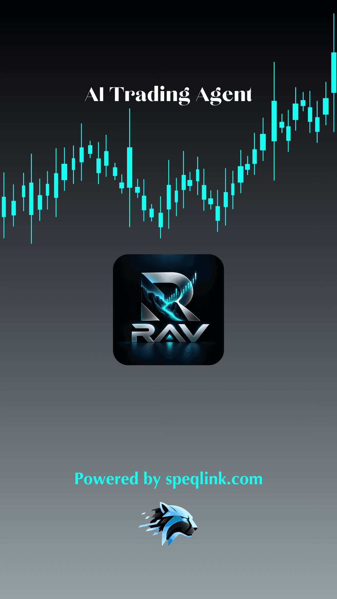 RAV AI Trading Agent artwork with aqua candlesticks and metallic logo